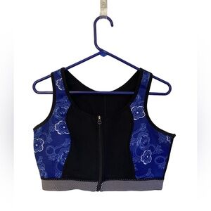 Blue and Black Floral Zip-Up Sports Bra